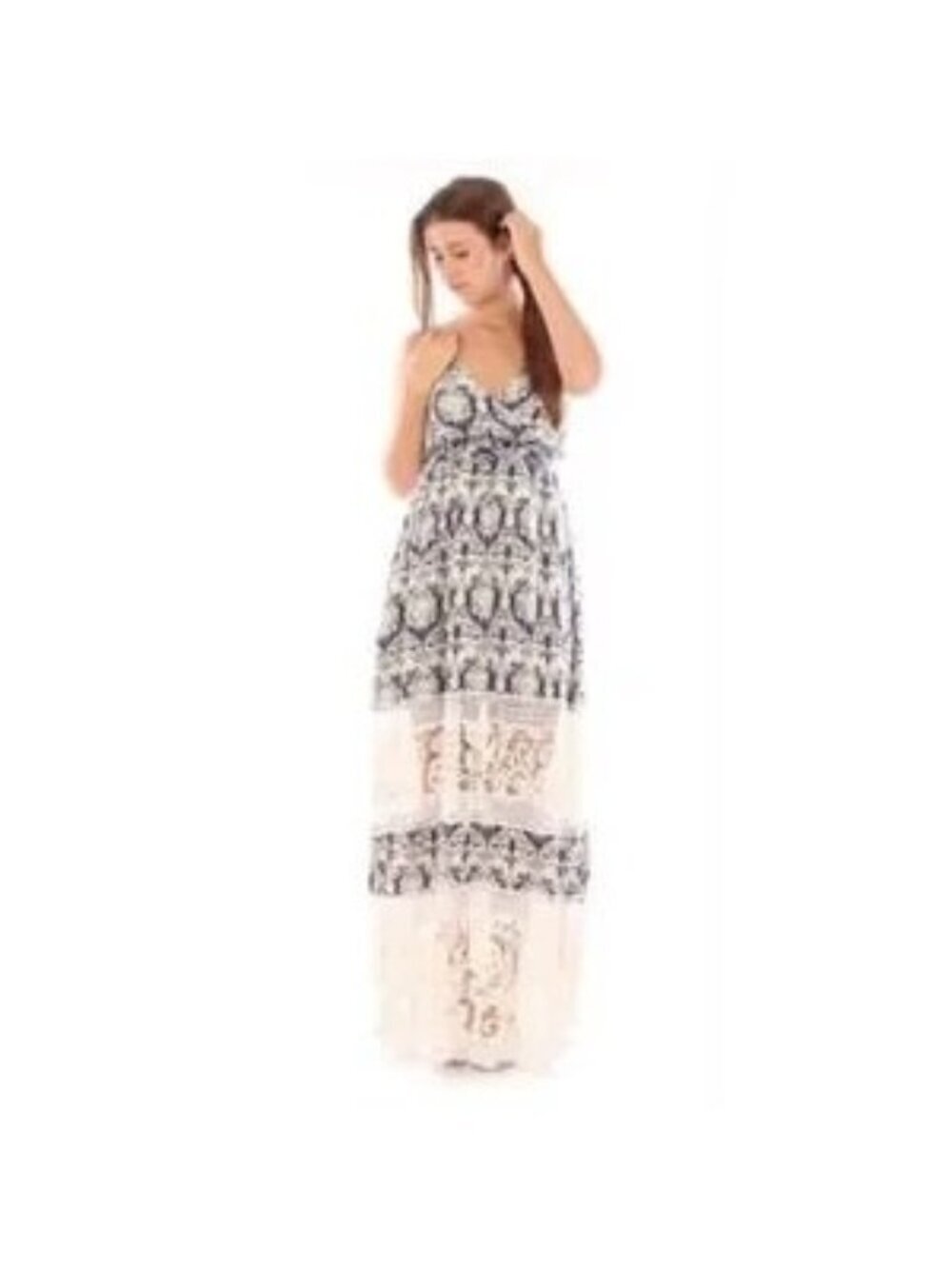 Anthropologie Sunday in Brooklyn Blue Damask Print Crochet Maxi Dress